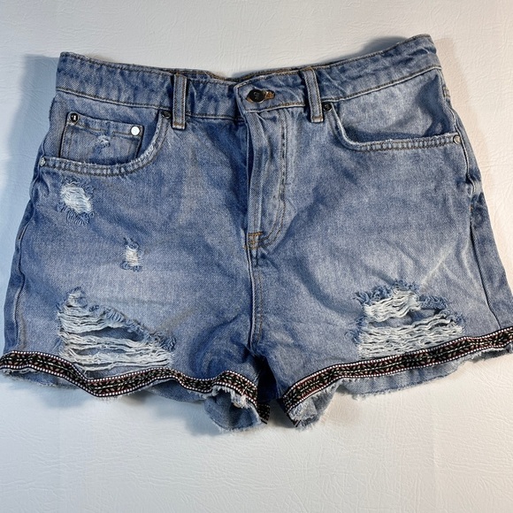 Pilcro Pants - Pilcro at Anthropologie Light Blue Distressed Jean Shorts with Boho trim 28